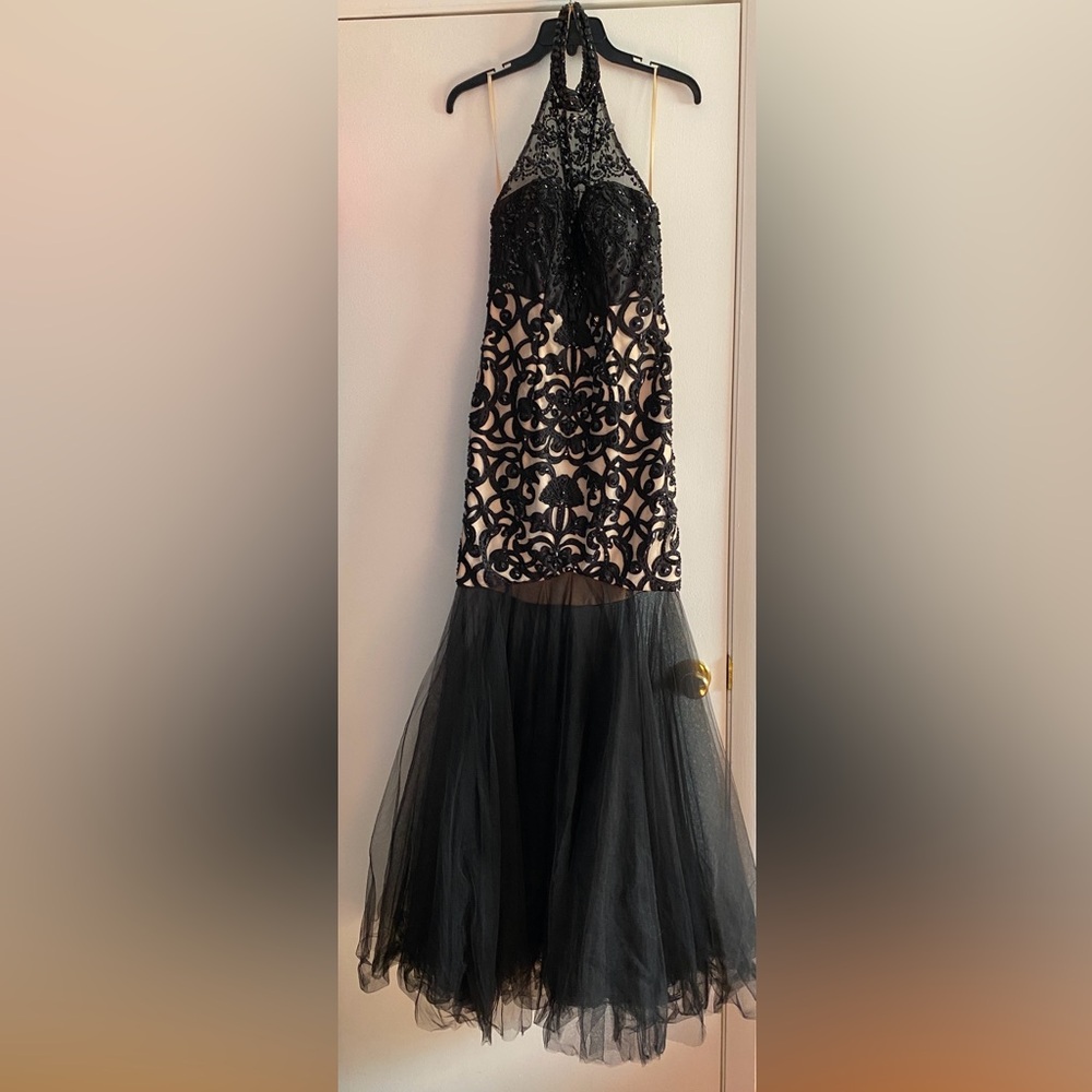 Gigi Black and Beige Beaded Halter Mermaid Prom Formal Pageant Gown